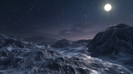 A tranquil extraterrestrial night scene with a radiant full moon casting a soft glow over a desolate, rocky terrain filled with intricate shadows and textures.