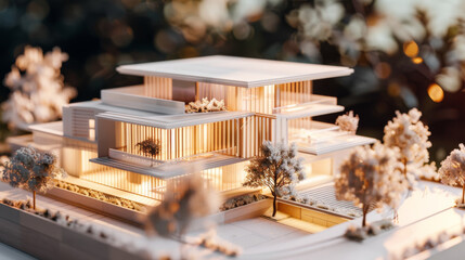 A stunning architectural model of a modern, multi-story building with a glowing, warm interior, surrounded by carefully crafted miniature trees and elegant lighting.