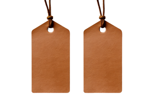 Two Rustic Brown Leather Tags With String Hangers Ready for Labeling on a Clear PNG or White Background.