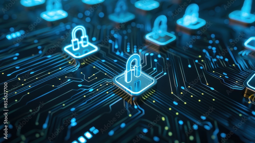 Aufkleber futuristic digital security concept with glowing padlocks on a circuit board, symbolizing data prote