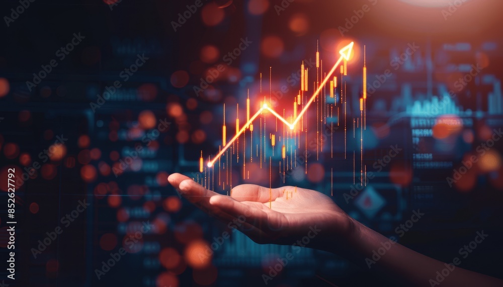 Poster hand holding a glowing line graph showing growth and success in data analysis on a dark, abstract ba