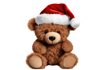 A Festive Brown Teddy Bear Wearing a Santa Hat on a Clear PNG or White Background.