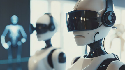 Naklejka premium Robots equipped with VR headsets stand in a line, symbolizing the advancement of artificial intelligence and its integration into human life.