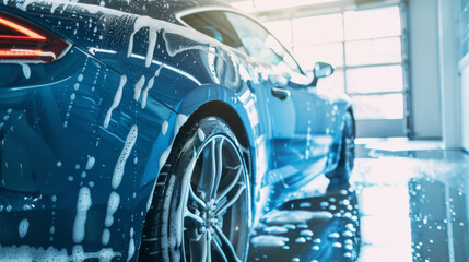 A blue sports car gleaming and covered in soapy water during a detailed car wash inside an airy garage.