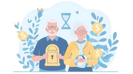 Fototapeta premium A couple of elderly people are holding a large amount of money in front of a safe. The safe is filled with coins and a clock is visible on the wall. Concept of wealth and security