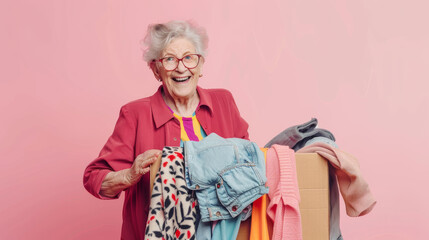 An elderly woman stands joyfully with a large box of assorted clothing against a soft pink background, exuding warmth and cheerfulness.