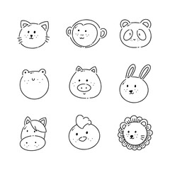 Cute animal face doodle line vector illustration