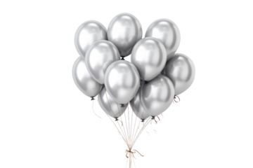 A Cluster of Silver Balloons Glowing Against a Pristine White Background on a Clear PNG or White Background.