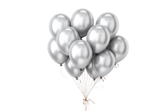 A Cluster of Silver Balloons Glowing Against a Pristine White Background on a Clear PNG or White Background.