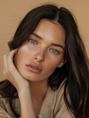 Fototapeta premium A close-up of a dark-haired model with her head resting on one arm, posing for a photo against a pure beige background, beauty concept