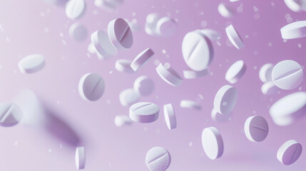 White round tablets are suspended in mid-air over a soft, pastel purple background.