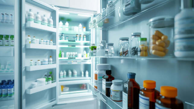 Open refrigerator with neatly organized medicinal bottles and jars, emphasizing medical care and organization.