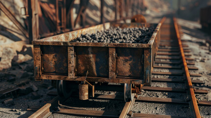 A rusty cart loaded with coal sits on an old railway track, evoking a sense of history and industrial nostalgia.