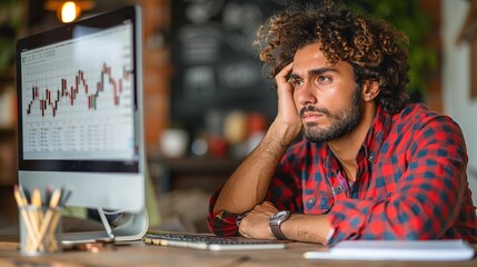 A man sits in a cafe, looking discouraged at a computer screen showing stock market data