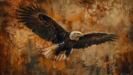 Fototapeta premium Majestic Bald Eagle in Flight Over Abstract Rust-Colored Background
