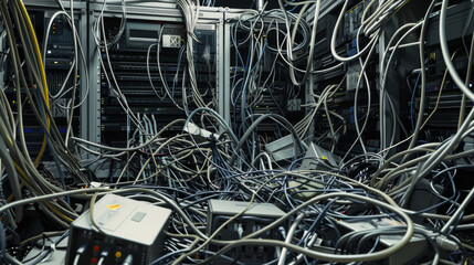 A maze of wires and electronic devices fills up a cluttered room, representing the intensity and intricacy of advanced technological setups.