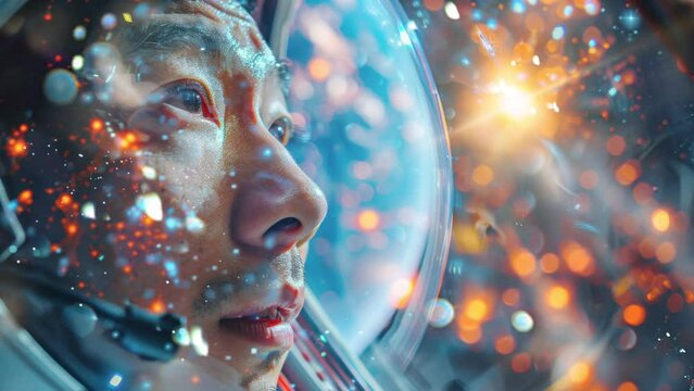 asian male astronaut looking at the earth through the window of a space rocket ship in outer space