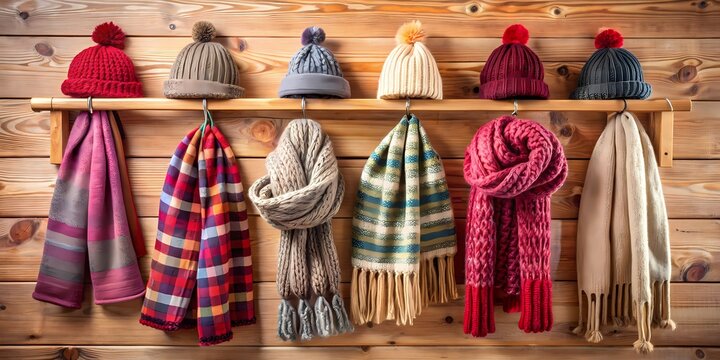 A variety of winter hats and scarves hang on a wooden wall. the perfect accessories for a cold day.