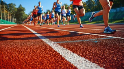 Athletes in mid-race on a vibrant red track on a sunny day, with focus on the runners' legs.