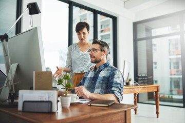 Team, people and coworking for review in office for business on project in company as developer in digital agency. Group, feedback and collaboration in communication, growth or career in brand design