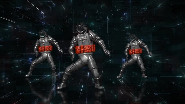 Funny Dancing Astronaut with techno sci fi background . 