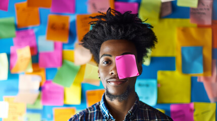 Man with a pink sticky note on his eye, standing in front of a colorful wall covered in various sticky notes, smiling playfully.