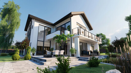 Modern white house with large windows, a spacious patio, and lush garden, bathed in warm sunlight.