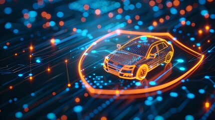 Glowing digital shield with car symbol car insurance, protection, security, coverage, dark