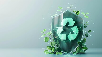 Digital shield recycling symbol environmental insurance, eco-friendly, protection, security, coverage