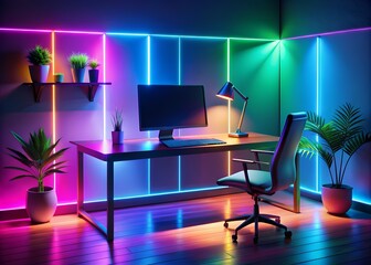 A modern and stylish gaming room with vibrant neon lights, a comfortable chair, and a large desk. the perfect setup for any gamer.