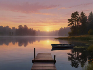 Fototapeta premium Lakeside at Dawn Calm water, morning mist, pink-orange sky, wooden dock with rowboat, lush greenery.