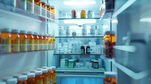 An open refrigerator stocked with various containers of medicine, highlighting medical organization and care.