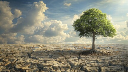 A lone tree in a barren, cracked landscape, representing the struggle to thrive in difficult economic conditions.