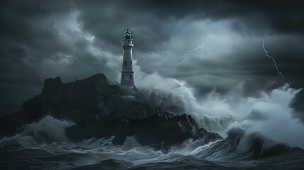 Lighthouse rocky coast storm crashing waves, dramatic, ocean, seascape, nature