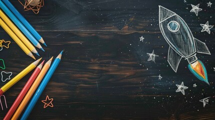 School themed desk with pencils rocket chalkboard on wood table