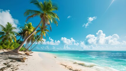 Tropical beach turquoise waters white sandy shores palm trees, gentle, breeze, clear, blue