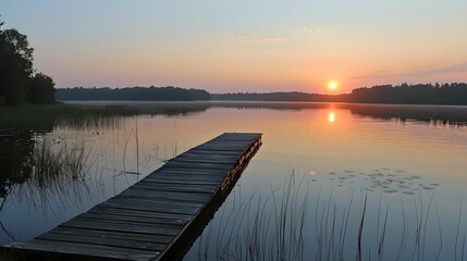 Sunset over calm lake wooden dock summer evening, water, tranquil, beauty, nature