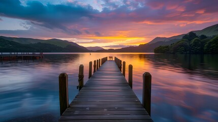 Sunset over calm lake wooden dock summer evening, water, tranquil, beauty, nature