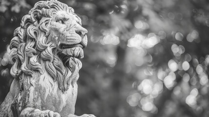Obraz premium Ancient lion sculpture in historic public park Black and White with blank area