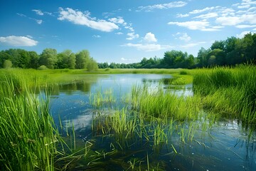 Obraz premium Wetland tall grasses clear water biodiversity, environment, health, nature, high-resolution