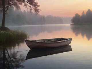 Lakeside at Dawn Calm water, morning mist, pink-orange sky, wooden dock with rowboat, lush greenery.