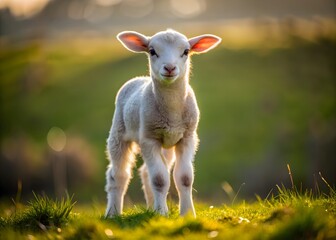 Obraz premium An Adorable Baby Lamb Stands In A Lush Green Field, Looking Curiously At The Camera.