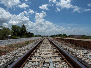 Fototapeta premium track transportation travel rail railroad railway train line journey steel way station industry speed path locomotive traffic outdoor subway transit cargo import export blue sky nature iron motion art