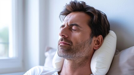 Obraz premium A man experiencing neck pain is using a neck pillow for support