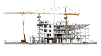 A crane lifts materials to construct a building with a skeletal structure in a white background. Isolated.