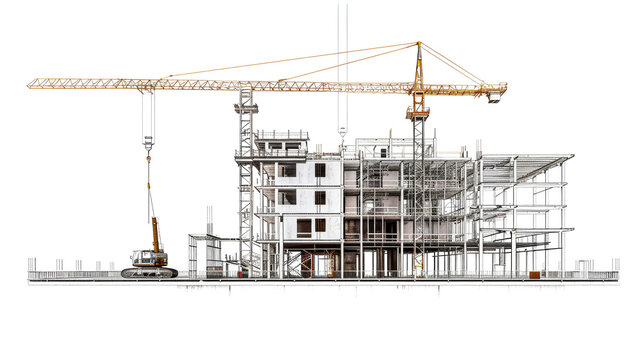 A crane lifts materials to construct a building with a skeletal structure in a white background. Isolated.