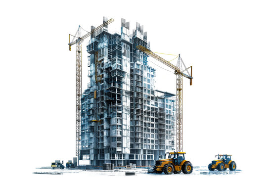 A towering skyscraper under construction, surrounded by cranes and construction vehicles. The building is a complex of steel and glass, a modern architectural marvel in the making. Isolated.