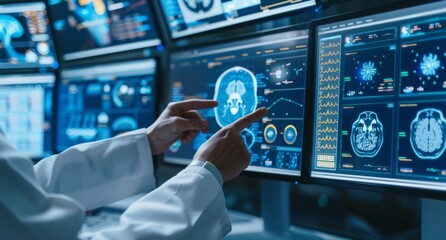 Closeup of hands pointing at an advanced computer screen displaying medical MRI images, with multiple monitors showing detailed infrared scans of the human brain