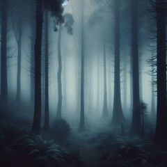 A captivating scene of a dense forest shrouded in fog, with tall trees creating a sense of depth and mystery. The moody atmosphere and soft light filtering through the mist evoke a sense of quiet and