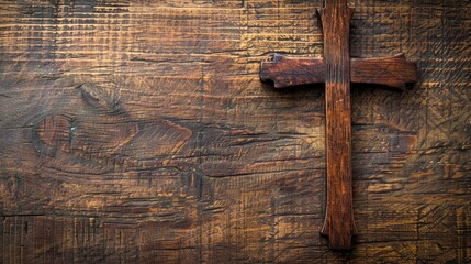 Close up of wooden Christian cross on a table with available space for text